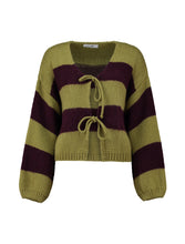 Laden Sie das Bild in den Galerie-Viewer, Streifen-Cardigan mit Schleifen - Avocado &amp; dark cherry