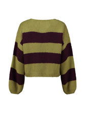Laden Sie das Bild in den Galerie-Viewer, Streifen-Cardigan mit Schleifen - Avocado &amp; dark cherry