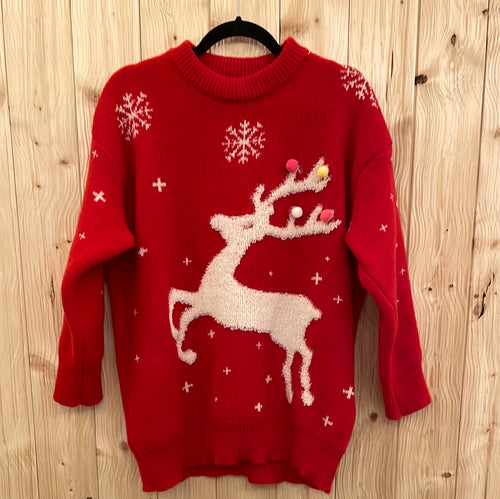 Weihnachtspulli mit Bommeln rot