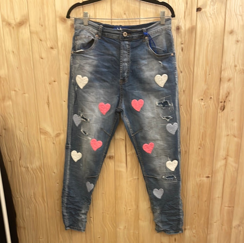 Boyfriend-Jeans mit Herzen pink hellblau Gr XL