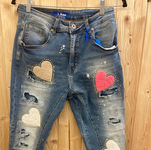 Boyfriend-Jeans mit Herzen & Nieten (angenehm stretchig) Gr L
